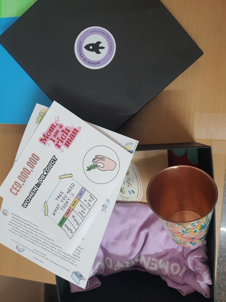 Kit box with Women In Product and Three Grace Studios sticker